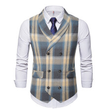Men Party Suit Cowboy Vest Vintage Roupa Social Double Breasted Plaid Waistcoat Men Business Wedding Gilet Costume Homme