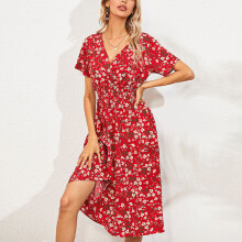 (Red, M) Ladies Long Dresses Short Sleeve Midi Dress Women Casual V Neck Party