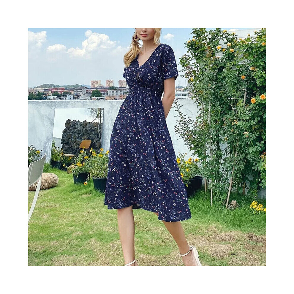 (Navy Blue, S) Ladies Long Dresses Short Sleeve Midi Dress Women Casual V Neck Party-image-OPC-PBQXYH7-NEW