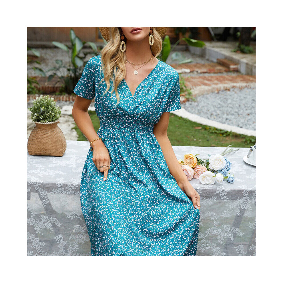 (Blackish green, L) Ladies Long Dresses Short Sleeve Midi Dress Women Casual V Neck Party-image-OPC-PBQXYHF-NEW
