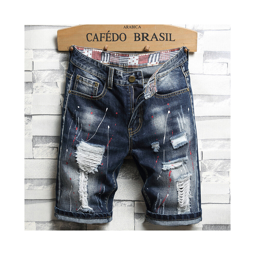 Summer Denim Ripped Shorts Men s Style Personalized Lining Stitching Slim Cropped Retro Denim Shorts Street Hip hop on OnBuy