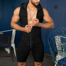 Mens Hooded Sexy Jumpsuit Casual Sports Jumpsuit Men Skinny Shorts Pants Summer Solid Szie Men Clothing