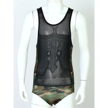 Summer Shorts Men See-through Sleeveless Bodysuit Stretchy Camouflage Print Patchwork Leotard Nightwear Clubwear