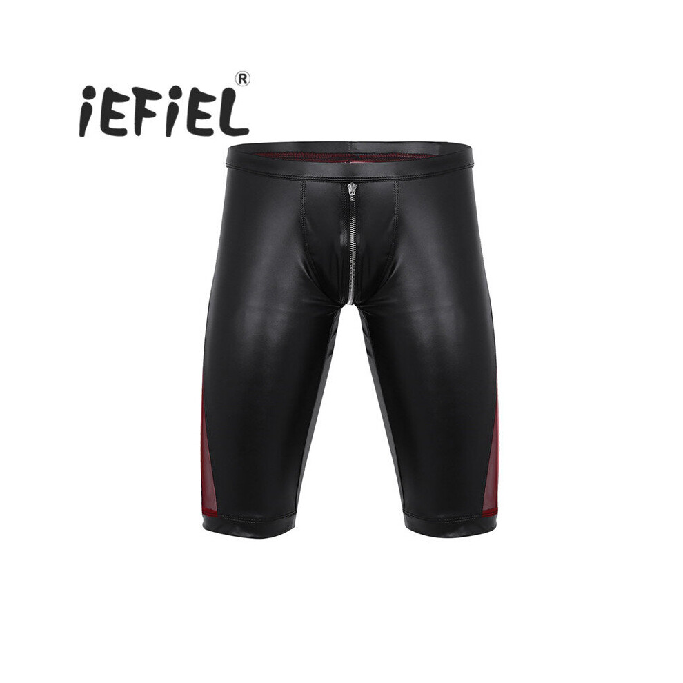 Sexy Mens Summer Faux Leather Zipper Crotch Mesh Splice Low Rise Slim Fit Tight Boxer Nightclub Clubwear Shorts-image-OPC-PBQY65F-NEW