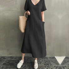(Black, XL UK SIZE 14) Womens Cotton Linen Short Sleeve Maxi Dress Ladies Casual Baggy V Neck Sundress