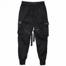 Men Drawstring Pockets Straps Ankle Tied Cargo Pants Long Trousers