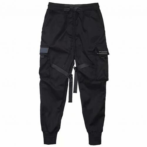 Men Drawstring Pockets Straps Ankle Tied Cargo Pants Long Trousers