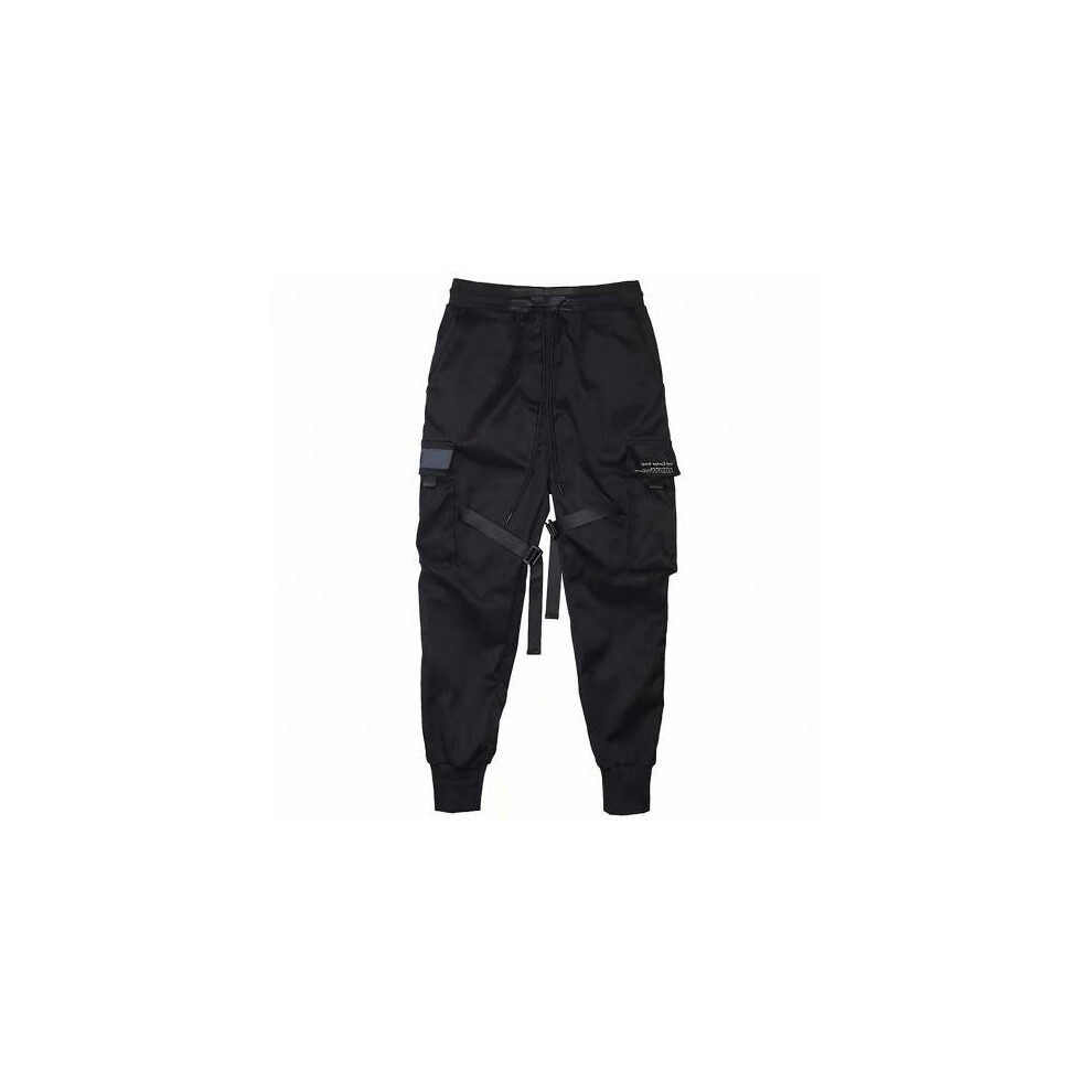 Men Drawstring Pockets Straps Ankle Tied Cargo Pants Long Trousers