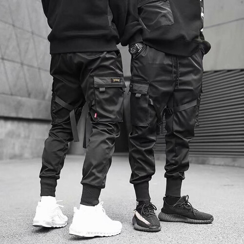 Men Drawstring Pockets Straps Ankle Tied Cargo Pants Long Trousers 1