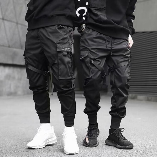 Men Drawstring Pockets Straps Ankle Tied Cargo Pants Long Trousers 2