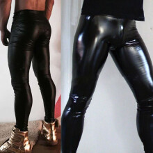 Men's Skinny Pouch Trousers Punk PU Leather Pants Legging Wet Look Clubwear Tight Stretchy Casual Thin Sexy Legging