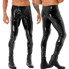 Mens Motobiker Skinny Pants Two-way Zipper Crotch Trousers Male Leggings Motorcycling Party Tights Pants Patent Leather Clubwear