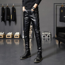 HOO Men's Threading Decorative Leather Pants Youth Personality Motorcycle Pants PU Leather Pants