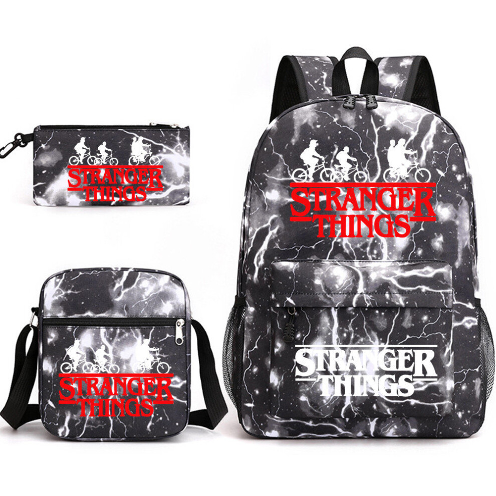(Black) Stranger Things 3Pcs Kids Bag Student Backpack + Crossbody Bag + Pencil Case Large Capacity Schoolbag