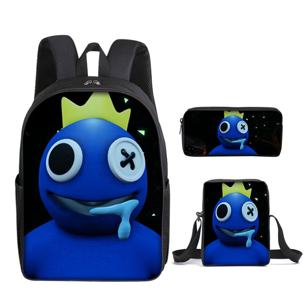 (Blue) 3Pcs/Set Kids Rainbow Friends Backpack Rucksack + Crossbody Lunch Bag + Pencil Case School Bag