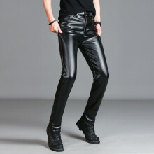 Men`s Faux Leather Pants Stretchy Slim Fit Motorcycle Business Casual Velvet Lined PU Leather Trousers For Male