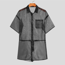 Casual Stylish Party Bodysuit Men's See-through Mesh Rompers Sexy Thin Short-sleeved Pocket Jumpsuits S-5XL