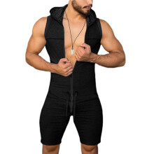 Newest Arrival Men Tight Fitness Jumpsuit Zipper Sleeveless Hooded Rompers Pants Outfits with Pockets