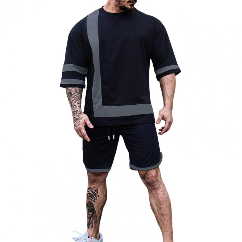 Men Summer Block Tracksuit Set Casual Short Sleeve 2 Pieces Suit Men Drawstring Shorts Sportswear Set ropa hombre-image-OPC-PBQZNM2-NEW