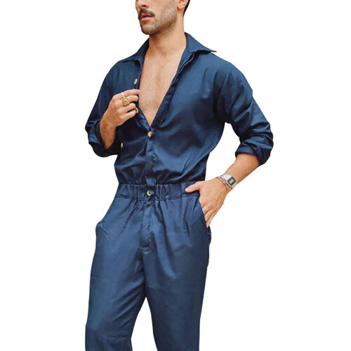Men? s Jumpsuit Solid Turn-Down Collar Long Sleeve Playsuits Romper for Boys Black/Dark ???? ??????? 2