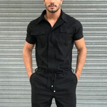 Casual Street Wear Jumpsuit Fall Men Short Sleeve Basic Work Coverall Male Pure Cargo Overalls Men's Overalls