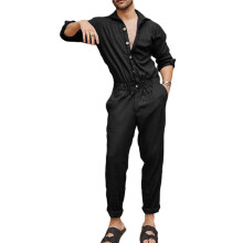Men? s Jumpsuit Solid Turn-Down Collar Long Sleeve Playsuits Romper for Boys Black/Dark ???? ???????