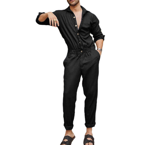 Men? s Jumpsuit Solid Turn-Down Collar Long Sleeve Playsuits Romper for Boys Black/Dark ???? ???????