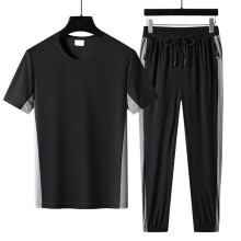 1 Set Summer Tracksuit Women Two Piece Sets Block O Neck Short Sleeve T-shirts Drawstring Pants Outfit Sets ropa hombre
