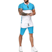 Men Running Fitness Outfits Lapel Collar Short Sleeves Quarter-Zip Colorblock Patchwork Sport T-shirt and Shorts Set Sportswear