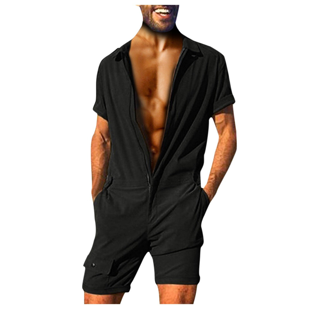 Male Short Jumpsuit Men Short Sleeve Zipper Basic Work Coverall Loose Cargo Overalls Solid Casual Joggers Street Jumpsuit 885657800414