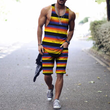 Men's Tank Top T-Shirt + Shorts 3D Casual Bars Splicing Funny Smiley Print Outdoor Fitness Mans Vest 2 Piece Suit