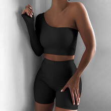 Solid Asymmetrical Two Piece Sets Women Tracksuit Crop Tops+elastic Bike Shorts Sporty Matching Suits Casual Female Outfit
