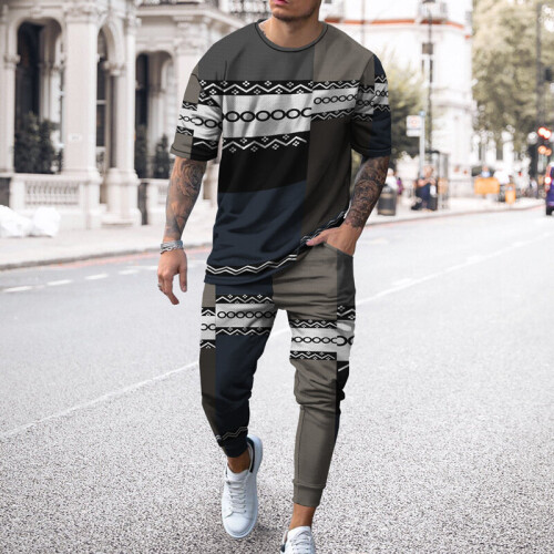 Men Summer 2 Piece Long Sleeve T Shirt Trousers Set 3D Printing Vintage Outfit Egyptian Style Oversized Casual Sportswear