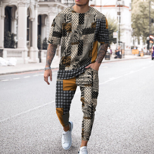 Men Summer 2 Piece Long Sleeve T Shirt Trousers Set 3D Printing Vintage Outfit Egyptian Style Oversized Casual Sportswear