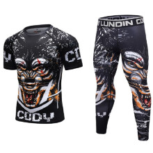 2 Pieces Body building Sport Suit Compression 3D Print Fitness Rash Guard Men's T shirts and Shorts