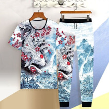 Men's short-sleeved round neck T-shirt suit casual loose sportswear every year with fish pattern men's clothing