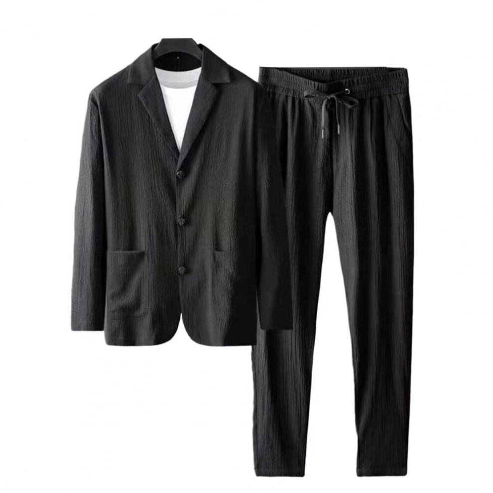 1 Set Autumn Men Blazer Pants Stripe Pleats Jacket Drawstring Pants Casual Suit for Wedding-image-OPC-PBQZRBX-NEW