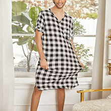 Summer Natural Plaid Loose Men's One Piece Homewear Short Sleeve V-Neck Sexy Men's One Piece Nightdress