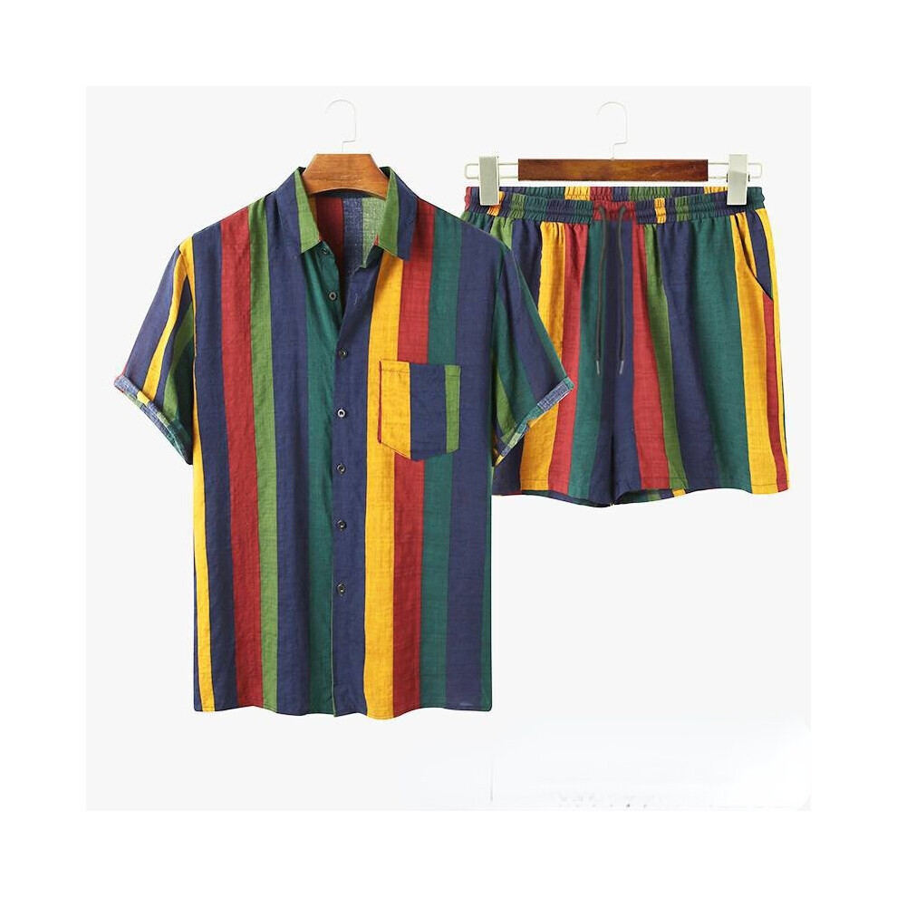 Men's Suit Striped Contrasting Short Sets Short-sleeved Shorts Casual Two-piece Green Hawaiian Beach-image-OPC-PBQZTPH-NEW