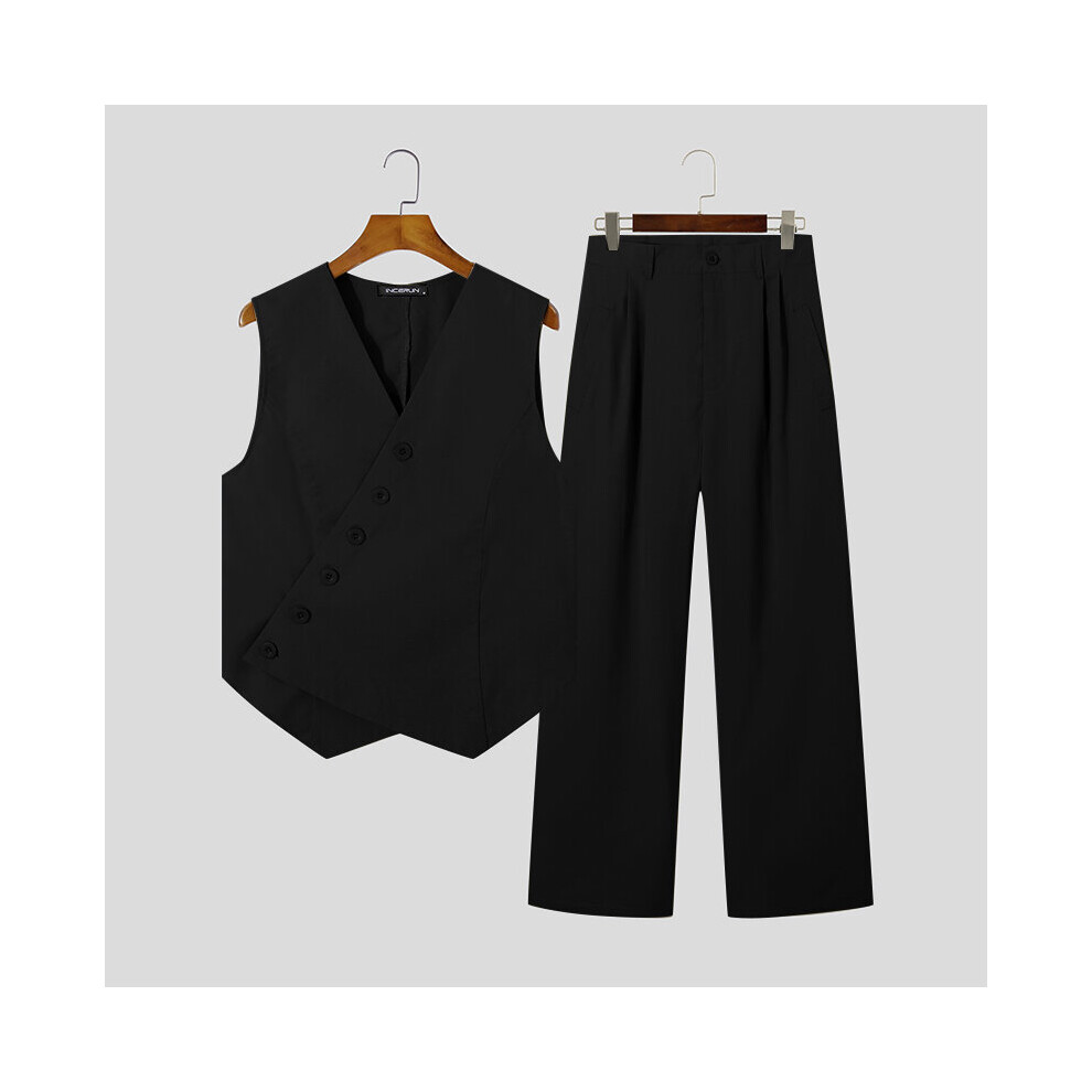 Men Casual Sets Solid V Neck Sleeveless Button Irregular Vests & Pants 2PCS Streetwear Men Suits Plus Size-image-OPC-PBQZXCP-NEW