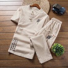 Summer Short Sleeve Sets Men Suit Cotton Linen Tracksuit Round neck Male embroidery Sweatshirts Pure T Shirt +Pants M-5XL