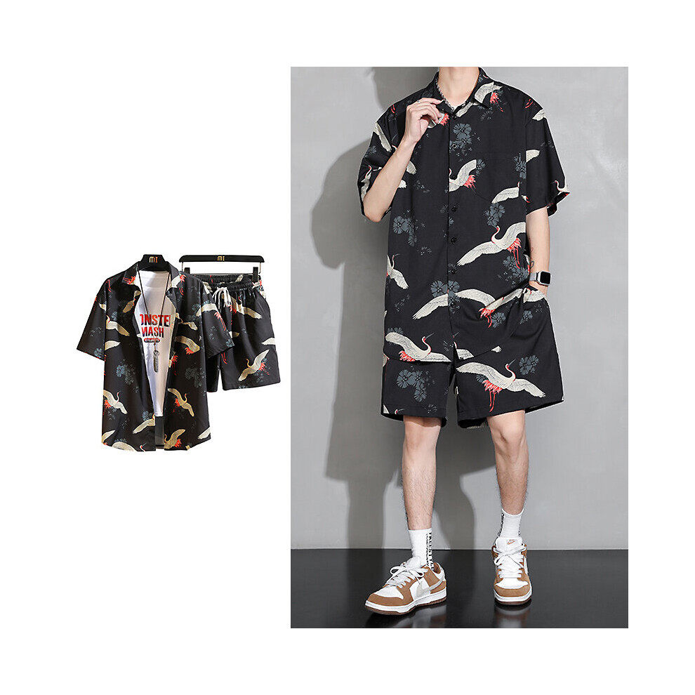 Y2k Crane Print Shirts Harajuku Tracksuits Summer Vintage Button Up Short Sleeve Shirts Suit Set Shorts-image-OPC-PBQZXM9-NEW