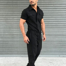 Casual Street Wear Jumpsuit Fall Men Short Sleeve Basic Work Coverall Male Pure Cargo Overalls Men's Overalls