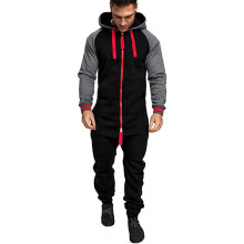 Men's Warm Fluffy Sleep Casual One-piece Pajamas Splicing Long Sleeve Jumpsuit Tracksuit Men Drawstring Hooded Zip Up Clothes