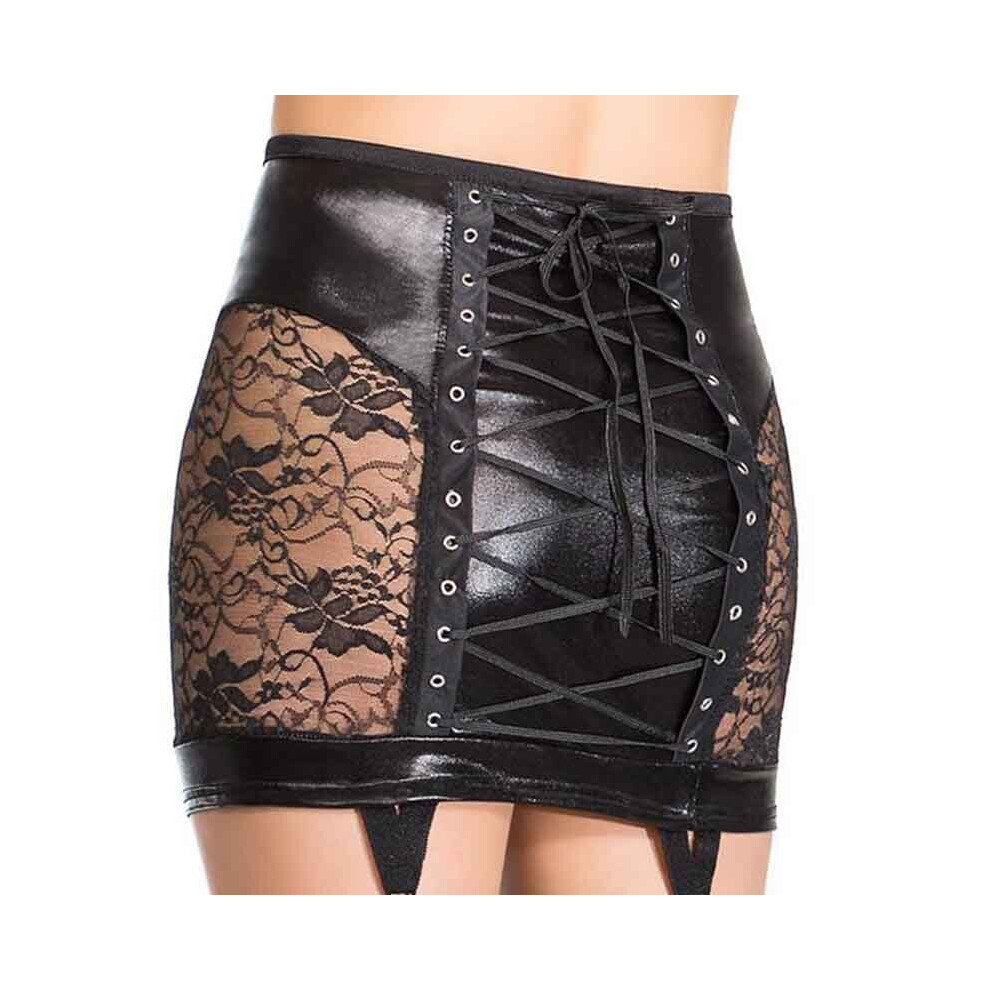 Women Floral Lace Insert Vinyl Leather Suspender Skirt Sexy Short Mini  Skirt Porn Back Lace Up Bodycon High Waist Skirt on OnBuy