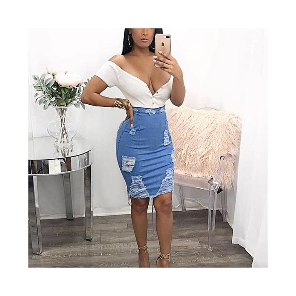 High Waist Distressed Pencil Skirt Light Wash Denim Women Sexy Casual Mini Summer Skirts Ripped Bodycon Skirt on OnBuy