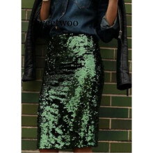 Sweetwoo Women Green Sequin Zipper Midi Skirt Package Hip Slim Pencil Skirt Ladies Party Wear Sexy