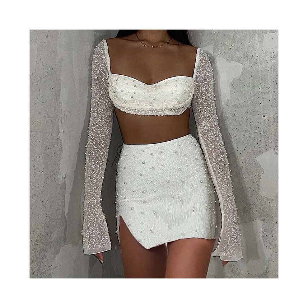 Women's Autumn Beaded Long Sleeve Top Half Skirt Two Piece Knit Sexy Half Skirt Set Street Dress-image-OPC-PBR2FHY-NEW