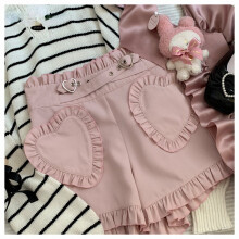 Japanese Sweet Lolita Shorts Women's Love Ruffles Pocket High Waist Short Pants Girls Harajuku Pink Y2k Shorts