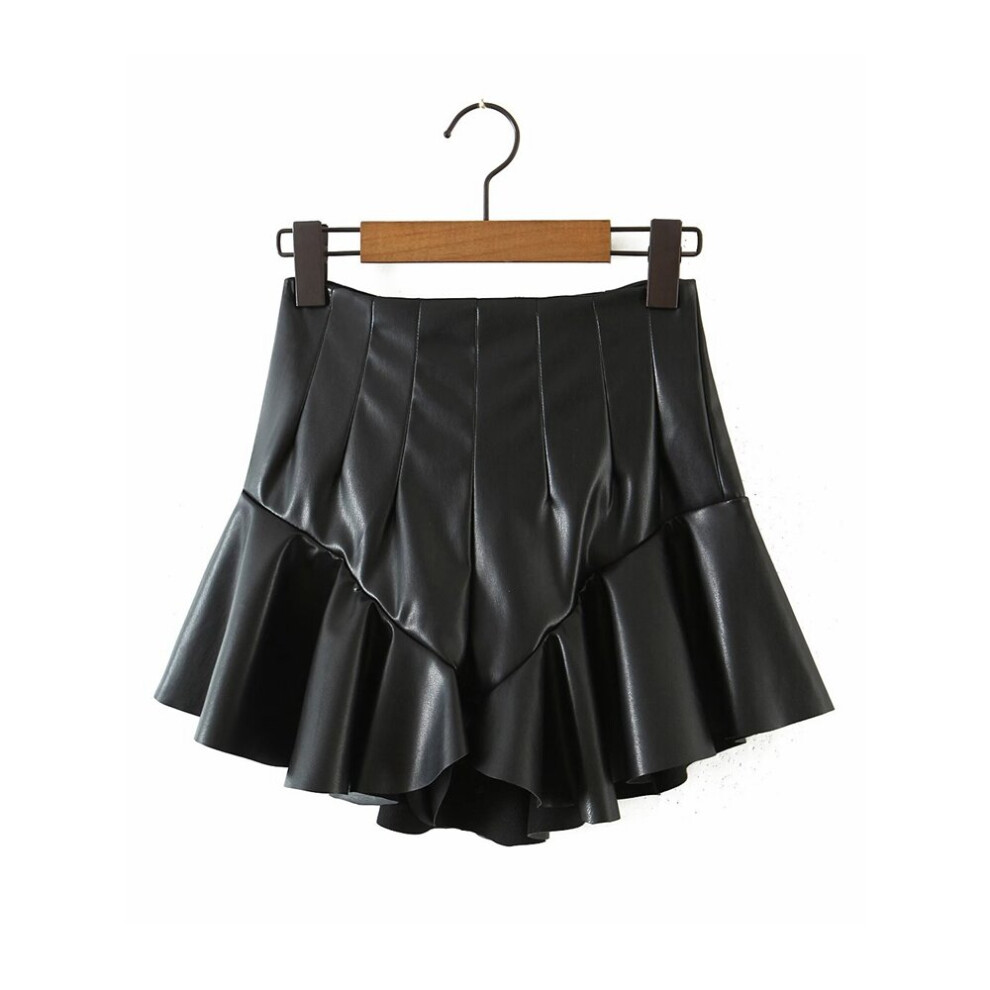 Women Faux Leather Ruffles Knit Shorts Vintage High Waist Zipper Female Short Pants 1J7-image-OPC-PBR2VJB-NEW